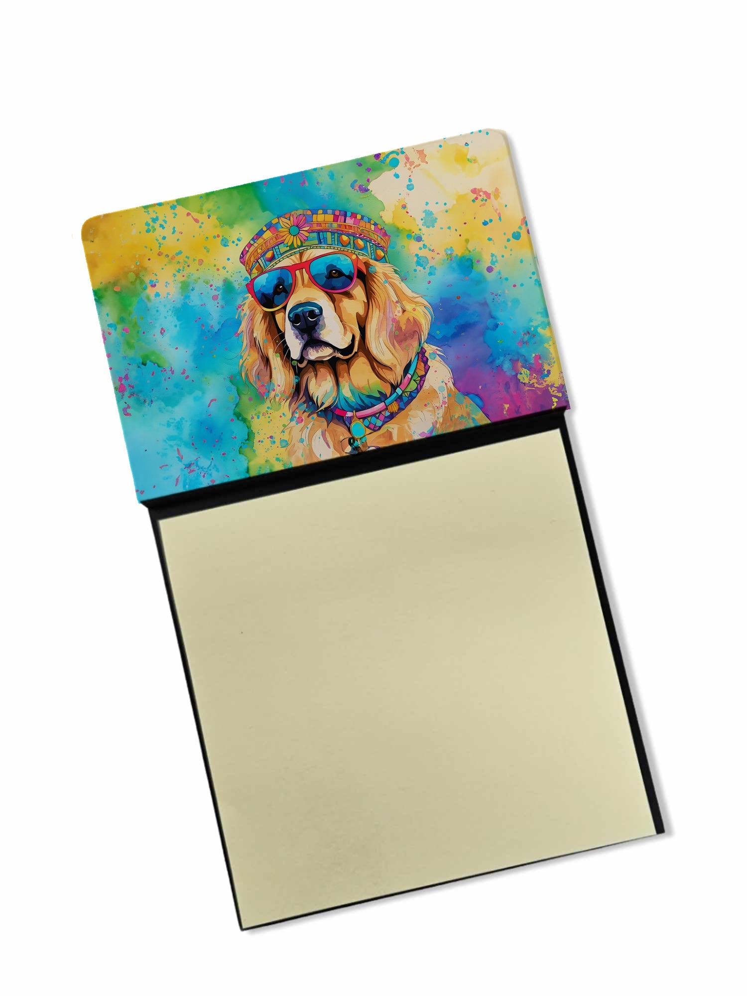 Golden Retriever Hippie Dawg Watercolor Sticky Note Holder Refillable Dispenser Desk Accessory 3x3 Pad Gift