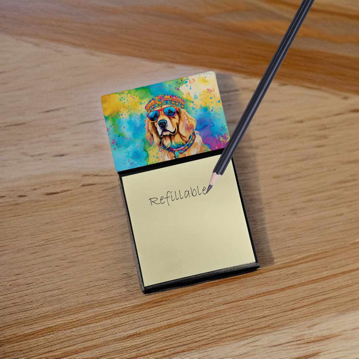 Golden Retriever Hippie Dawg Watercolor Sticky Note Holder Refillable Dispenser Desk Accessory 3x3 Pad Gift