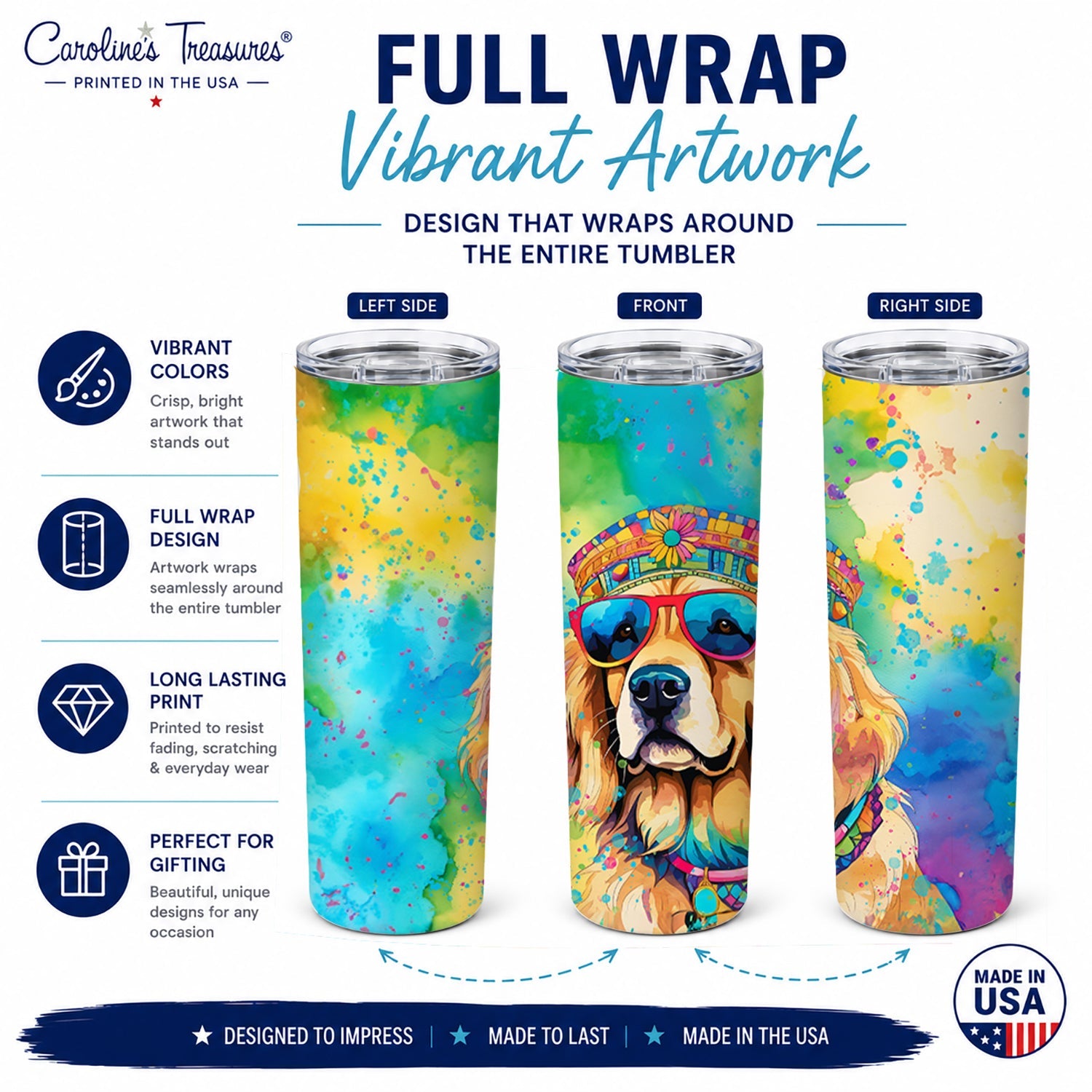 Golden Retriever Hippie Dawg Stainless Steel Skinny Tumbler 20 oz Vacuum Double Walled Reusable Insulated Travel Cup