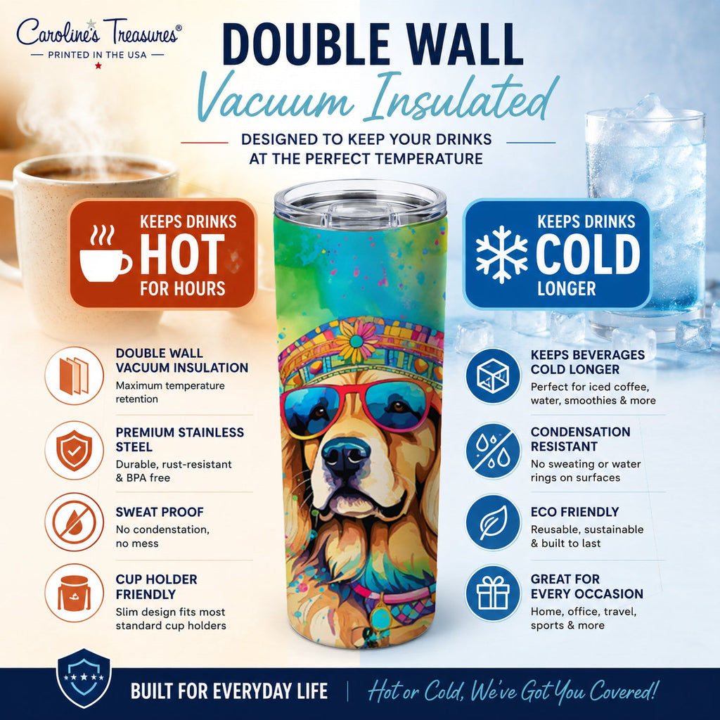 Golden Retriever Hippie Dawg Stainless Steel Skinny Tumbler 20 oz Vacuum Double Walled Reusable Insulated Travel Cup