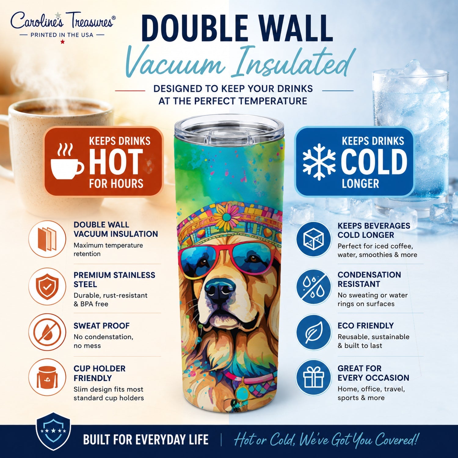 Golden Retriever Hippie Dawg Stainless Steel Skinny Tumbler 20 oz Vacuum Double Walled Reusable Insulated Travel Cup