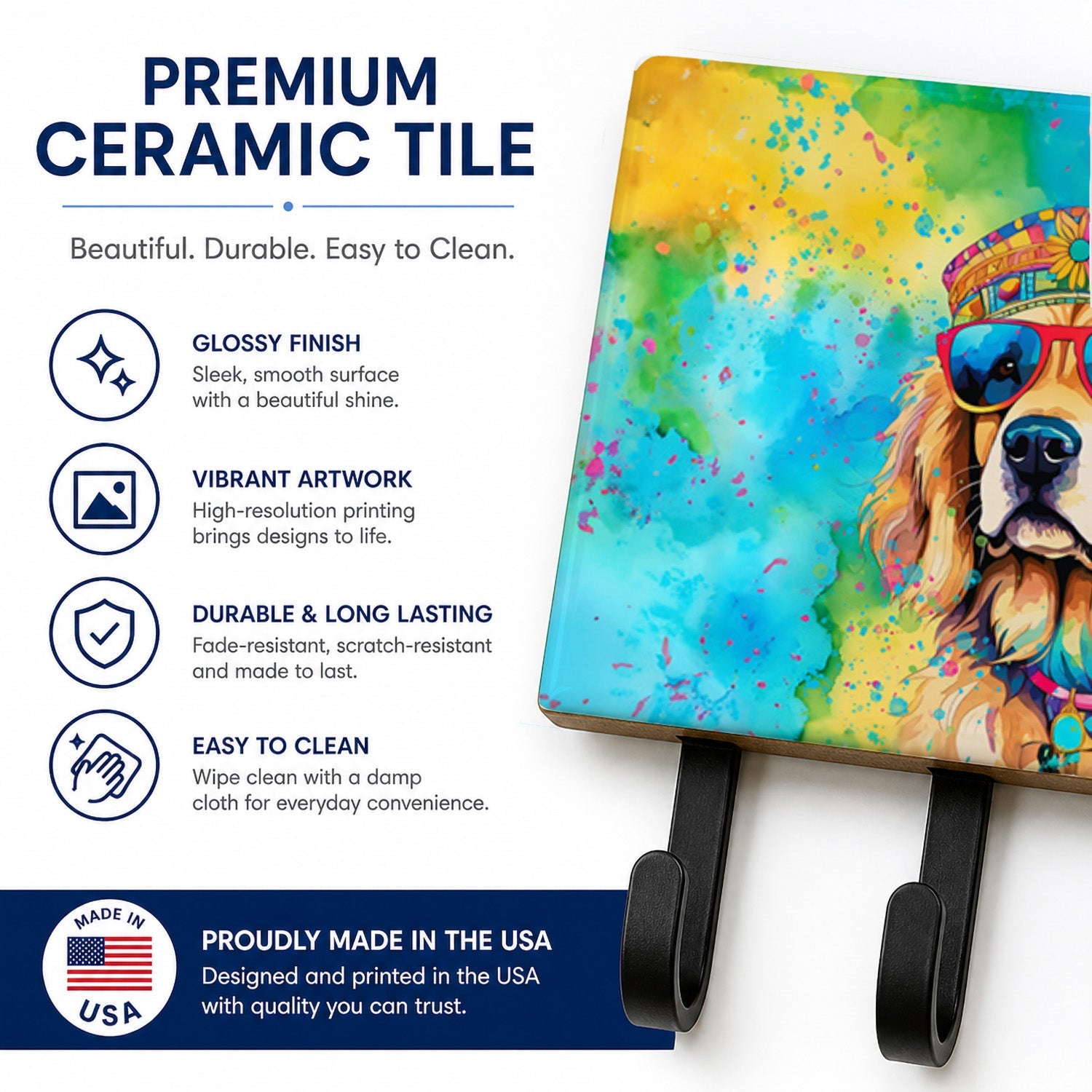 Golden Retriever Hippie Dawg Leash or Key Holder Wall Hooks, Coat Rack Wall Mount, for Hanging Keys, Towels, Aprons, Leashes