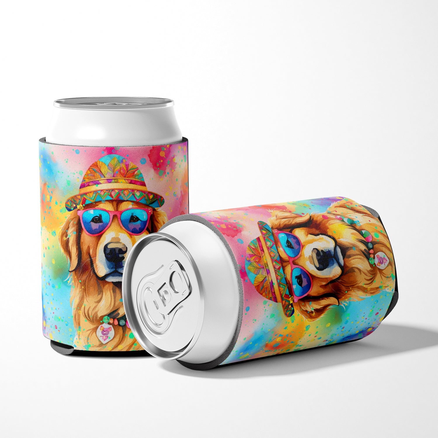 Golden Retriever Hippie Dawg Can or Bottle Hugger Cooler Sleeve for Standard 12 oz Cans, Insulated Foam Beer & Soda Can Hugger Reusable