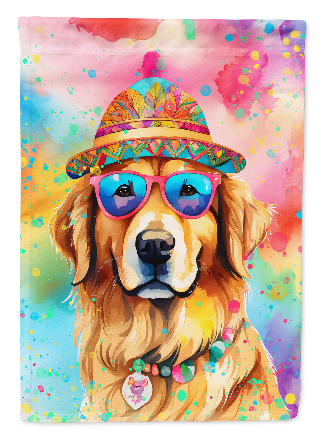 Golden Retriever Hippie Dawg House Flag 28x40 Porch Sleeve Pole Decorative Outside Yard Banner Artwork Wall Hanging, Polyester