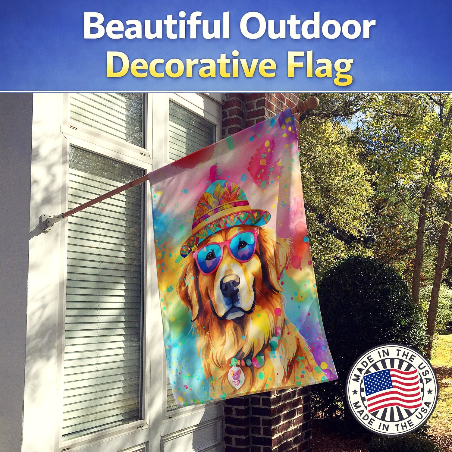 Golden Retriever Hippie Dawg House Flag 28x40 Porch Sleeve Pole Decorative Outside Yard Banner Artwork Wall Hanging, Polyester