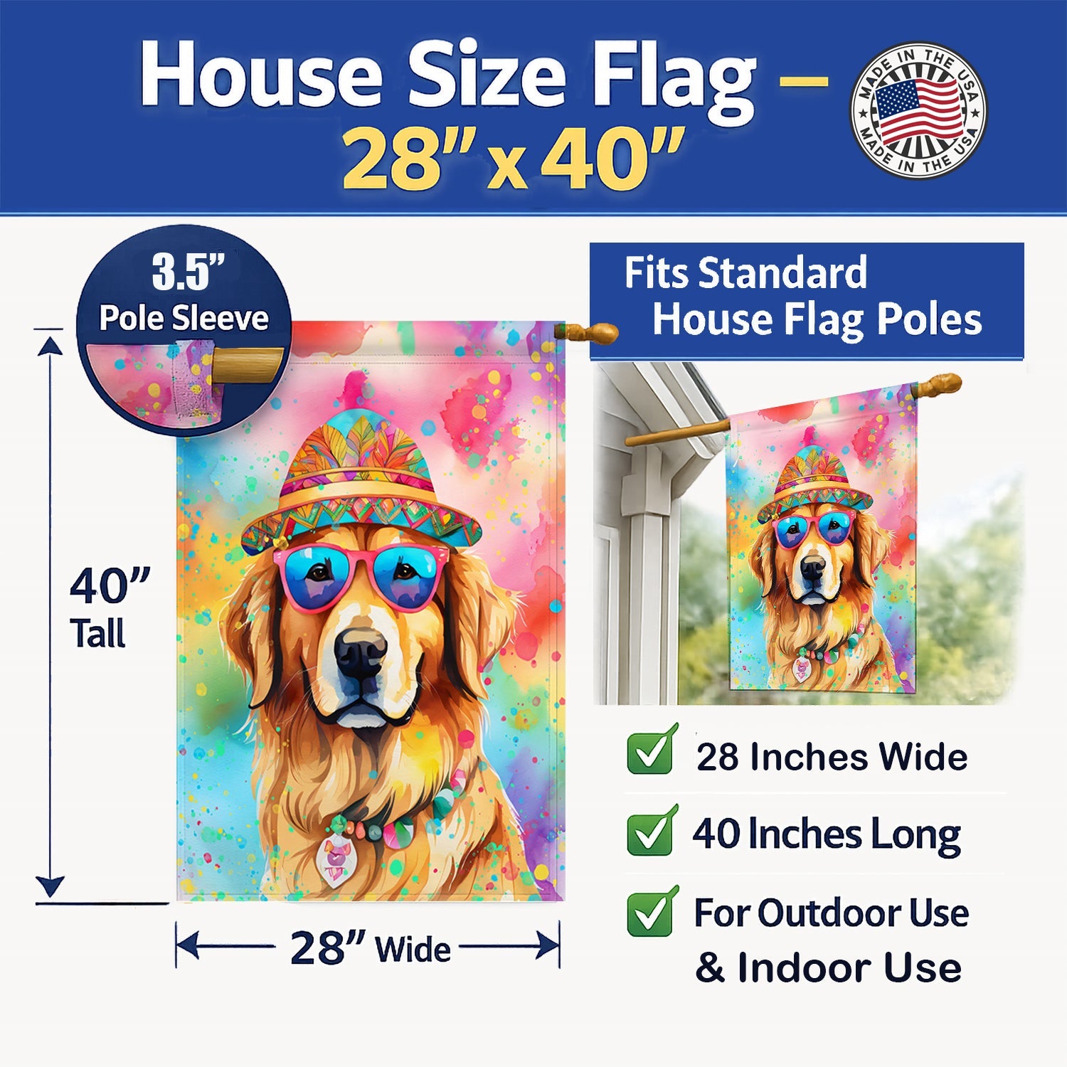 Golden Retriever Hippie Dawg House Flag 28x40 Porch Sleeve Pole Decorative Outside Yard Banner Artwork Wall Hanging, Polyester