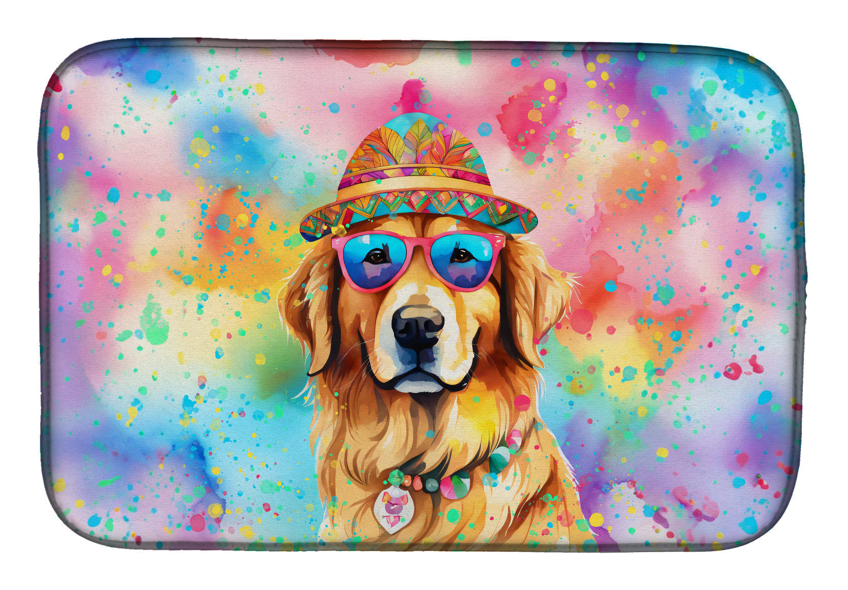 Golden Retriever Hippie Dawg Dish Drying Mat Absorbent Dish Drying Mat Pad for Kitchen Counter Dish Drainer Mat for Countertop, 14 x 21", Multicolor