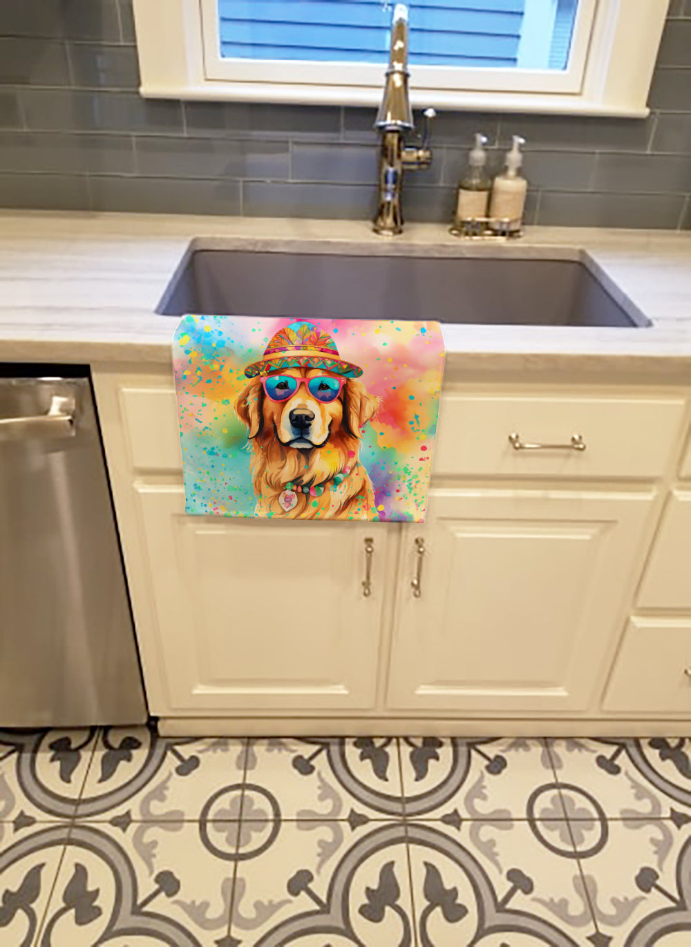 Golden Retriever Hippie Dawg Kitchen Towel Velour Plush Front and Cotton Loop Back Machine Washable
