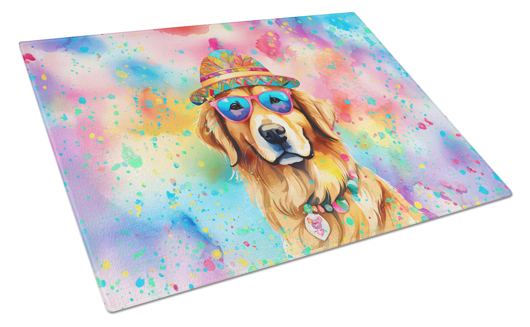 Golden Retriever Hippie Dawg Cutting Board Tempered Glass Kitchen Cutting Surface, Heat Resistant Chopping, Non-Slip Feet, Food Prep & Serving