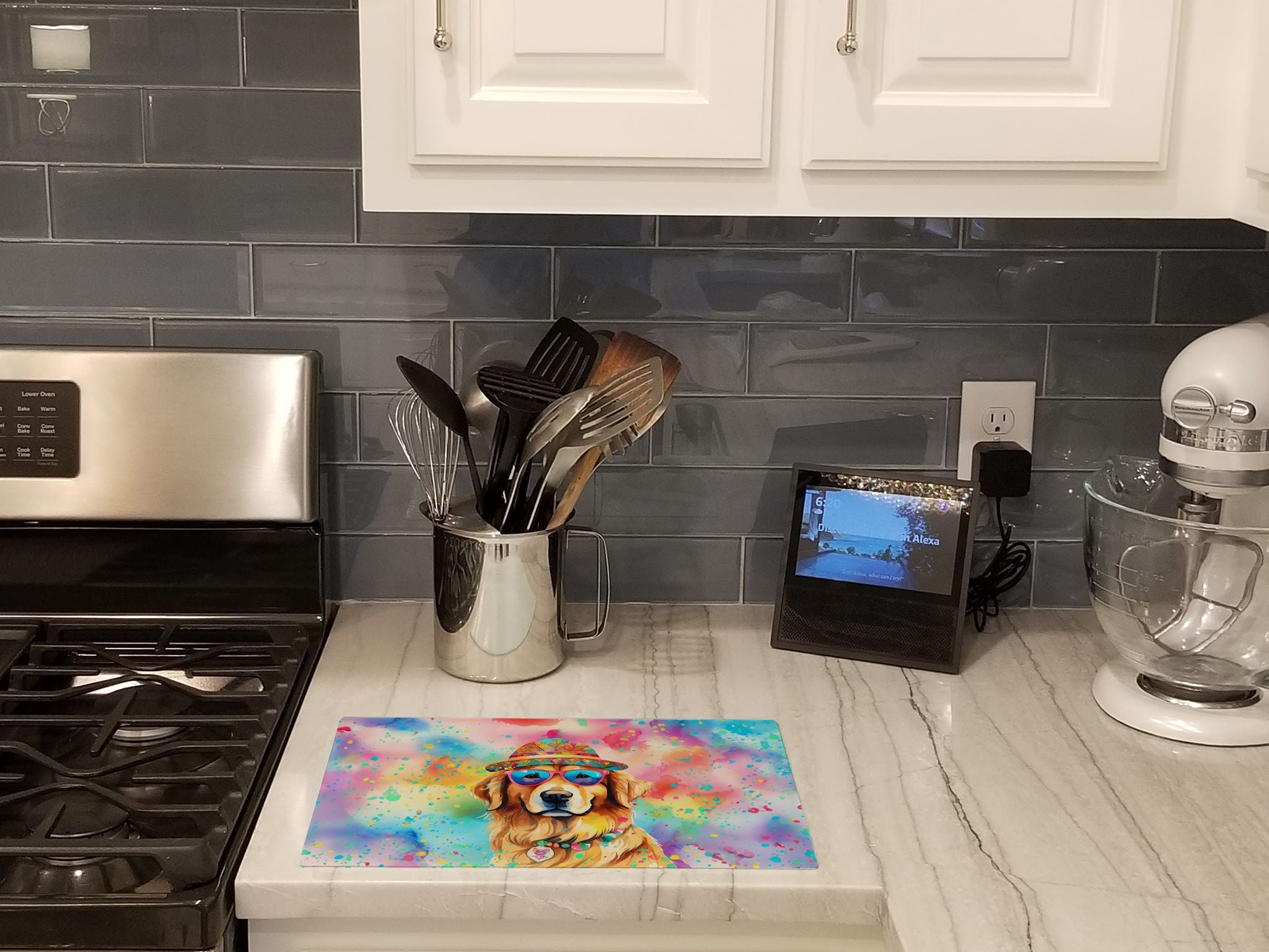 Golden Retriever Hippie Dawg Cutting Board Tempered Glass Kitchen Cutting Surface, Heat Resistant Chopping, Non-Slip Feet, Food Prep & Serving