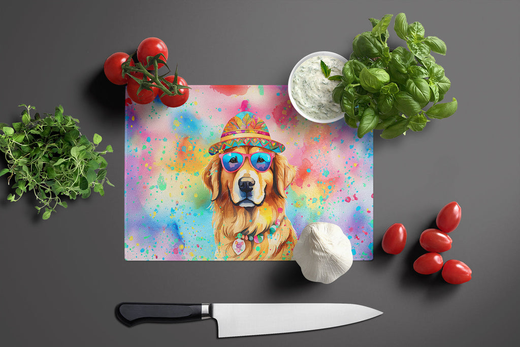 Golden Retriever Hippie Dawg Cutting Board Tempered Glass Kitchen Cutting Surface, Heat Resistant Chopping, Non-Slip Feet, Food Prep & Serving