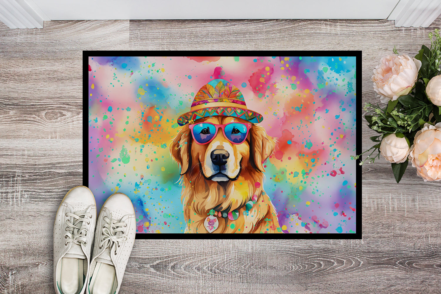 Golden Retriever Hippie Dawg Doormat Indoor Outdoor 18H X 27W Front Door Mat Rugs for Entryway, Non Slip Washable