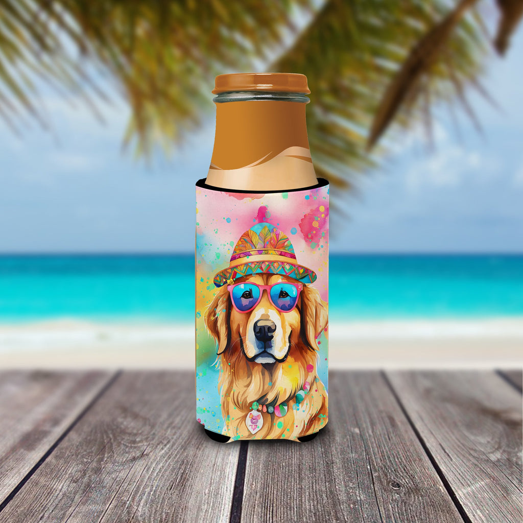 Golden Retriever Hippie Dawg Slim Can Hugger , Insulated Foam Hugger for 12 oz Slim Cans, Beer Bottles & Water Bottles, Printed in USA