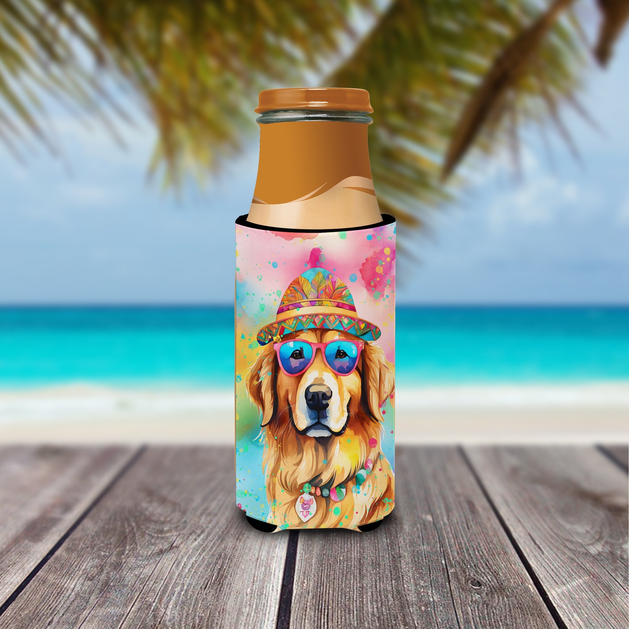 Golden Retriever Hippie Dawg Slim Can Hugger , Insulated Foam Hugger for 12 oz Slim Cans, Beer Bottles & Water Bottles, Printed in USA