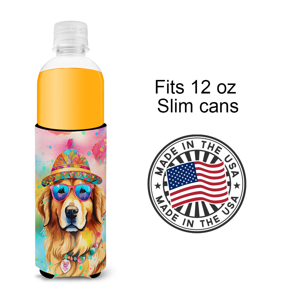 Golden Retriever Hippie Dawg Slim Can Hugger , Insulated Foam Hugger for 12 oz Slim Cans, Beer Bottles & Water Bottles, Printed in USA