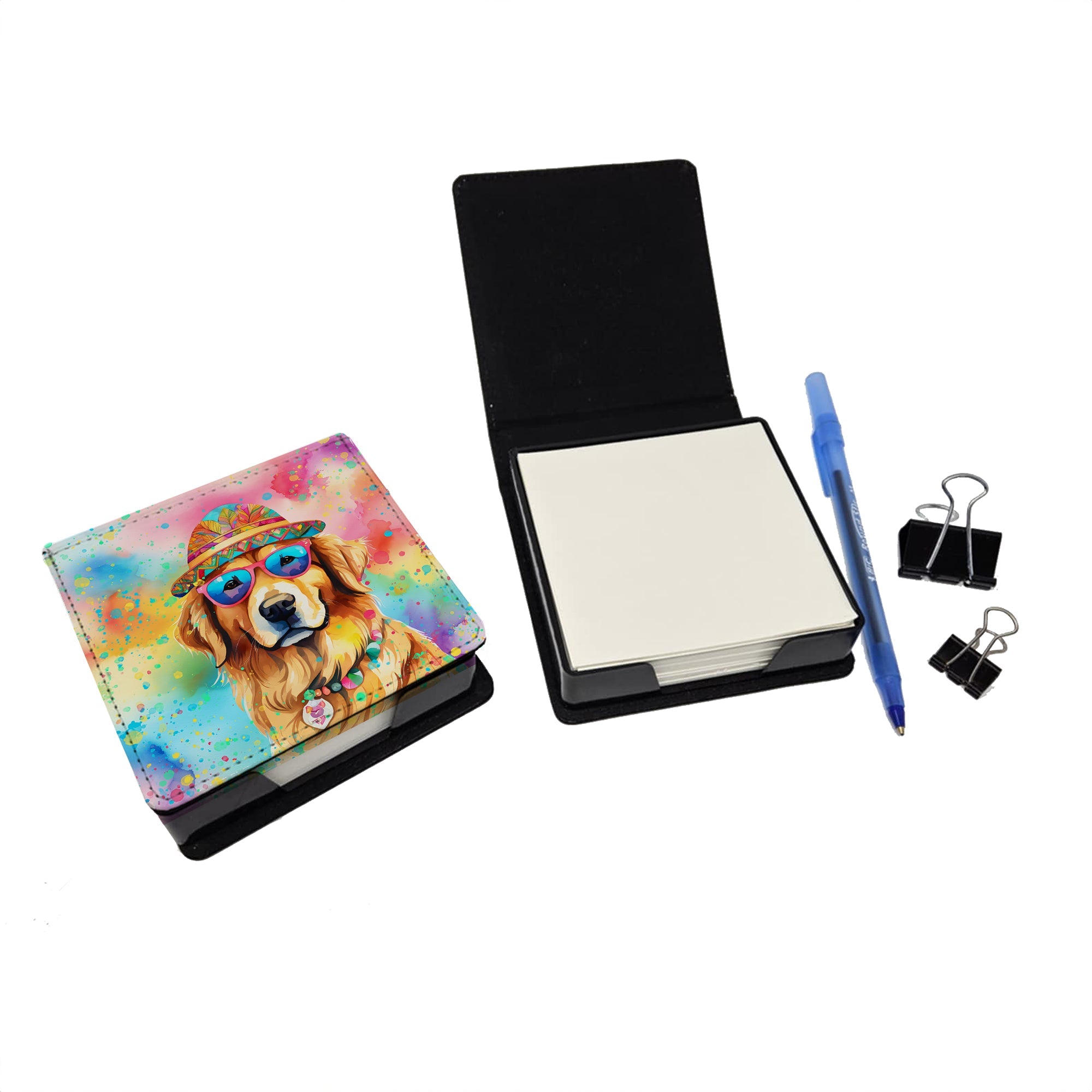 Golden Retriever Hippie Dawg PU Leather Note Paper Holder with Artist-Designed Cover, Desk Accessory, Office Gift