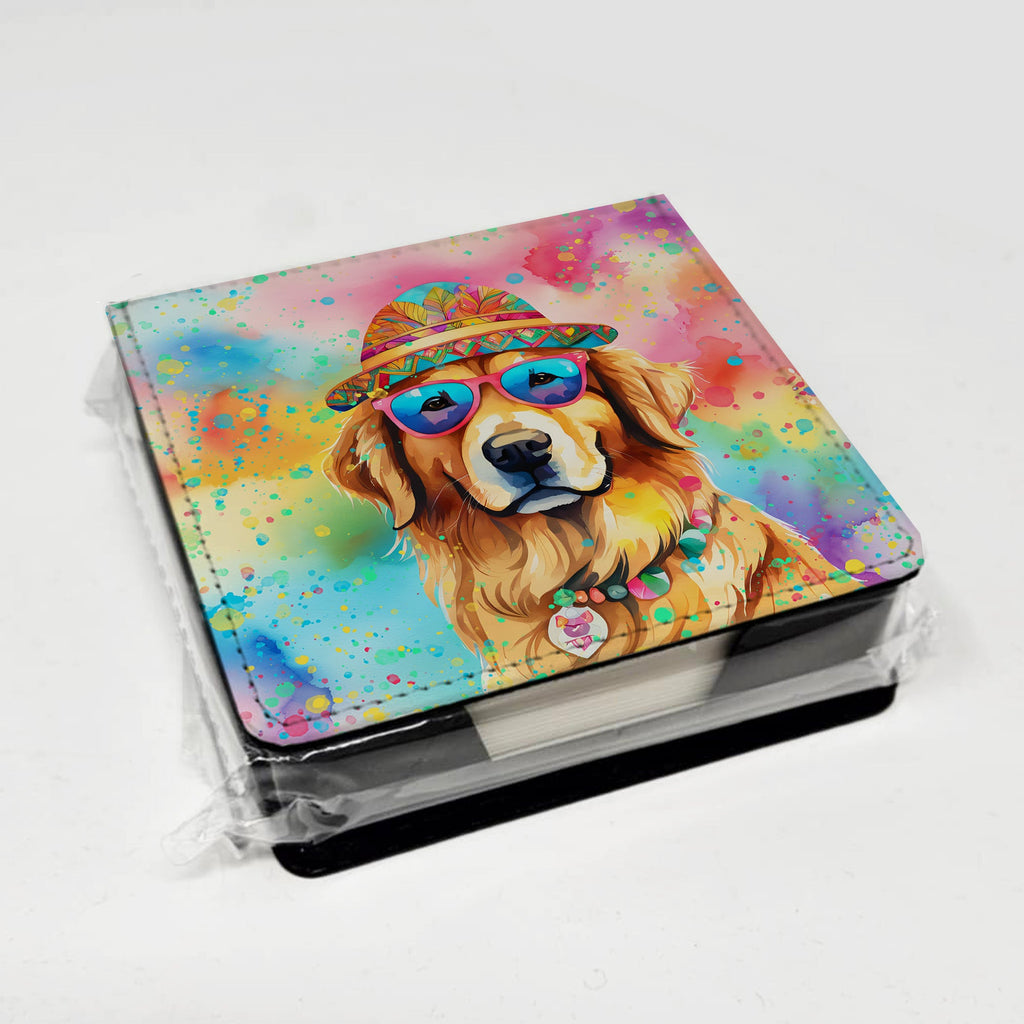 Golden Retriever Hippie Dawg PU Leather Note Paper Holder with Artist-Designed Cover, Desk Accessory, Office Gift