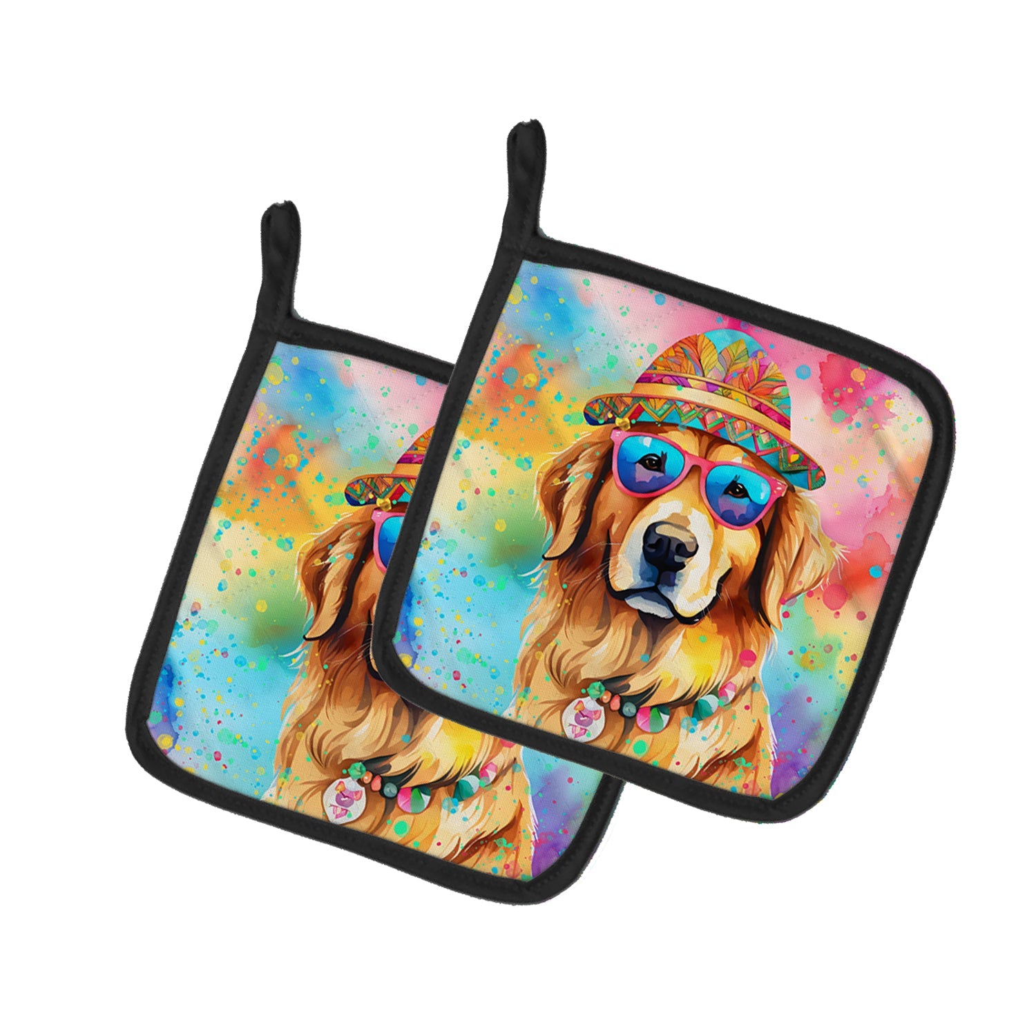 Golden Retriever Hippie Dawg Pot Holder Set of 2 Heat Resistant Quilted Hot Pads 7.5 x 7.5 Inch, Insulated Kitchen Trivets for Cooking & Baking