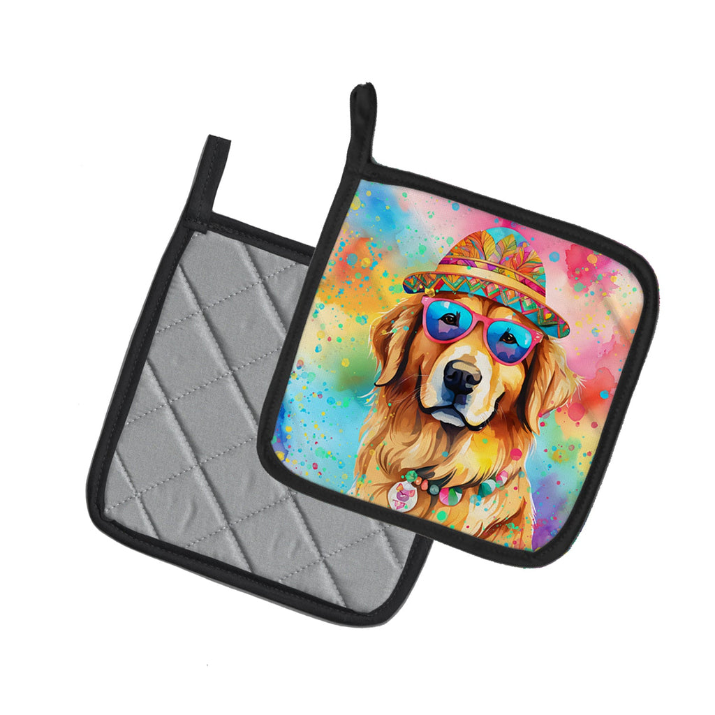 Golden Retriever Hippie Dawg Pot Holder Set of 2 Heat Resistant Quilted Hot Pads 7.5 x 7.5 Inch, Insulated Kitchen Trivets for Cooking & Baking