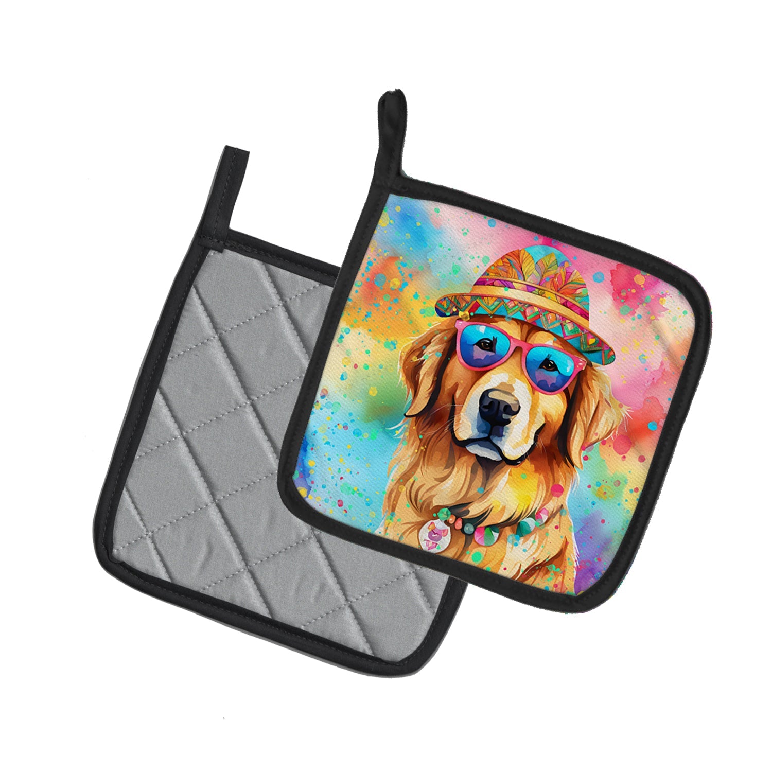 Golden Retriever Hippie Dawg Pot Holder Set of 2 Heat Resistant Quilted Hot Pads 7.5 x 7.5 Inch, Insulated Kitchen Trivets for Cooking & Baking