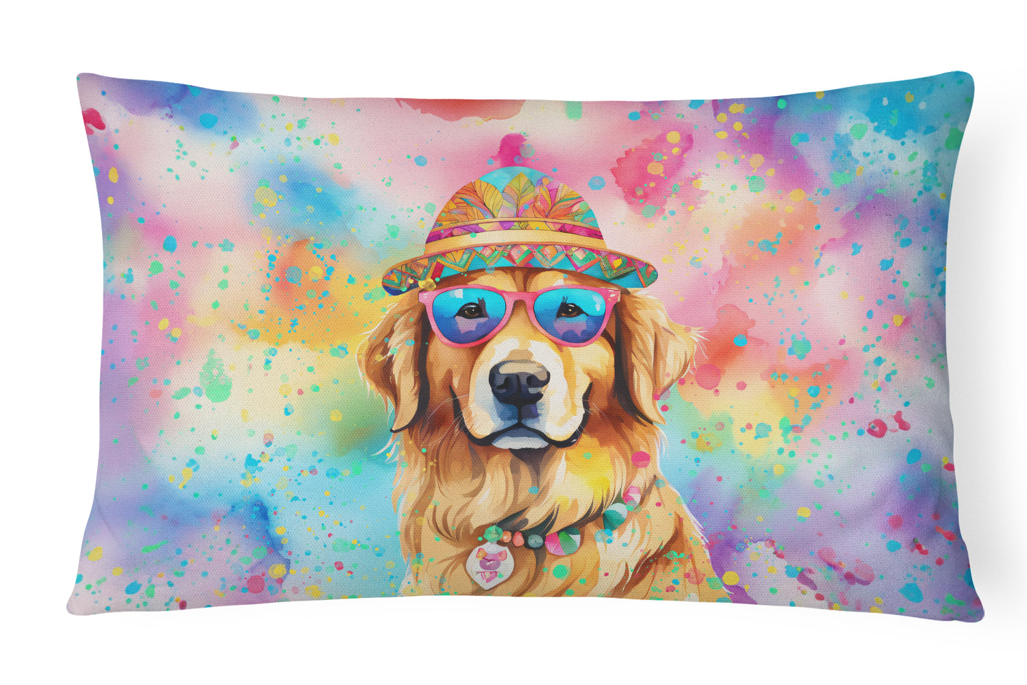 Golden Retriever Hippie Dawg Decorative Throw Pillow 12x16 Indoor Outdoor Accent Cushion, Fabric Cover with Insert for Sofa, Bed, Porch & Living Room