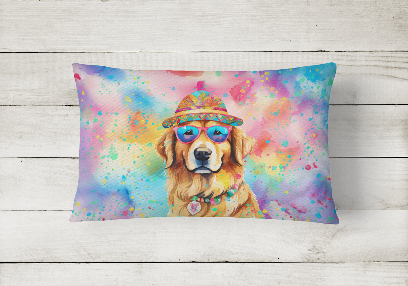 Golden Retriever Hippie Dawg Decorative Throw Pillow 12x16 Indoor Outdoor Accent Cushion, Fabric Cover with Insert for Sofa, Bed, Porch & Living Room