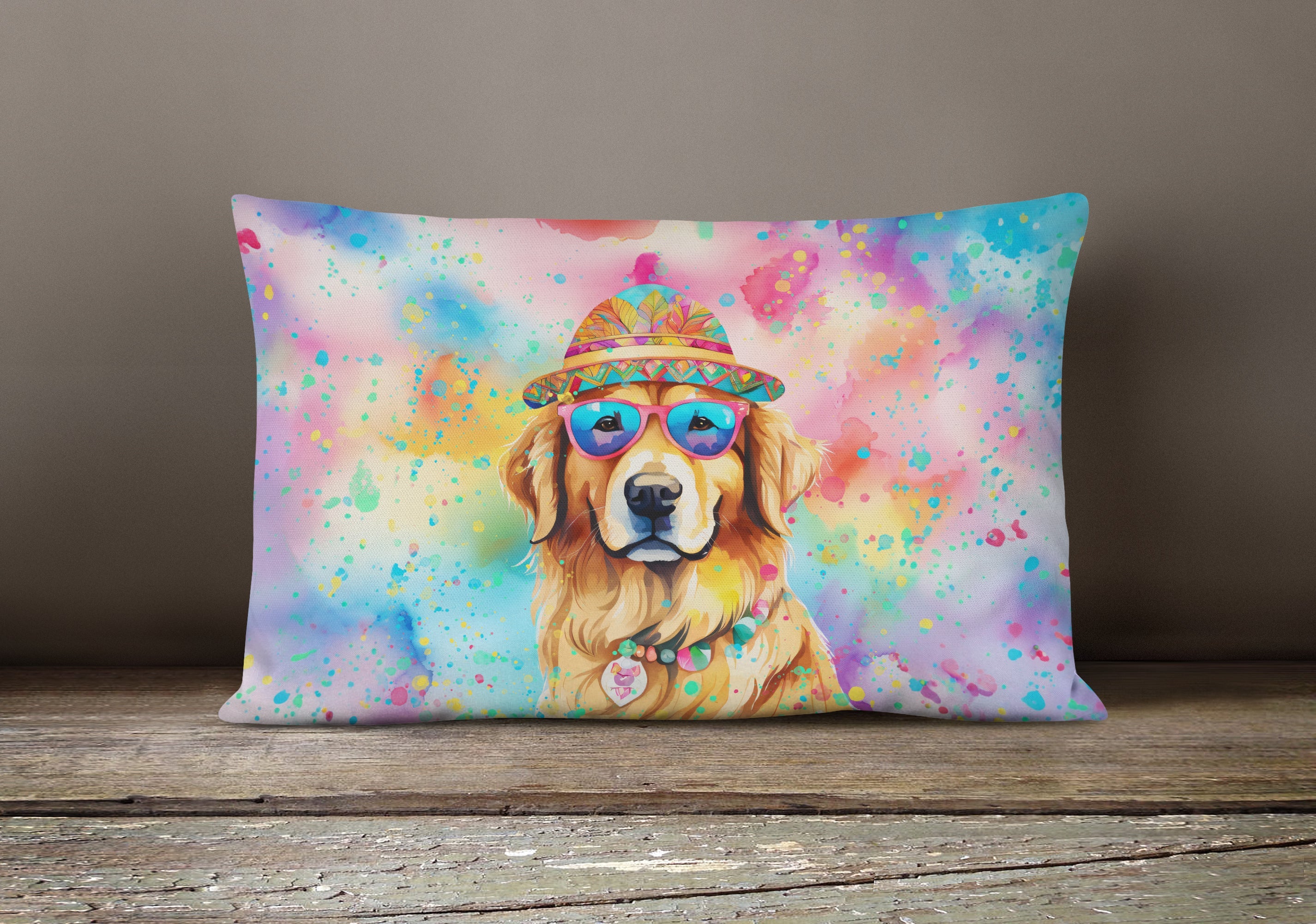 Golden Retriever Hippie Dawg Decorative Throw Pillow 12x16 Indoor Outdoor Accent Cushion, Fabric Cover with Insert for Sofa, Bed, Porch & Living Room