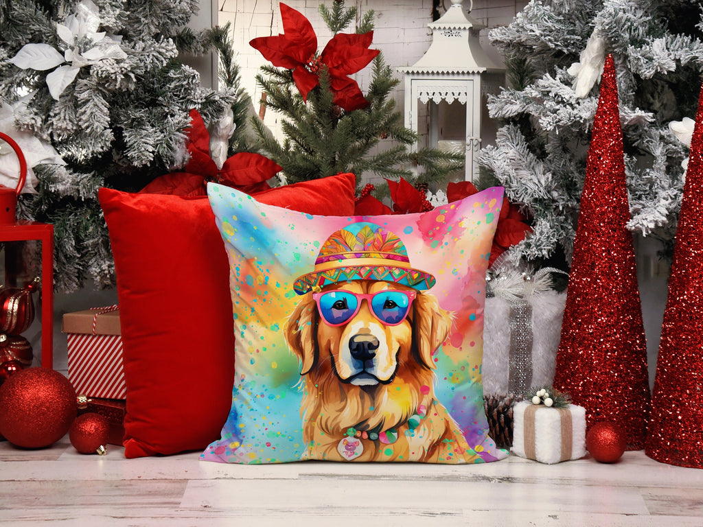 Golden Retriever Hippie Dawg Decorative Throw Pillow 14x14 Indoor Outdoor Accent Cushion, Fabric Cover with Insert for Sofa, Bed, Porch & Living Room