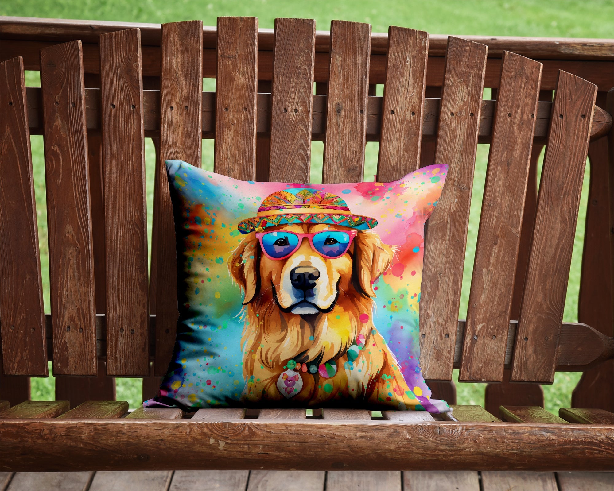 Golden Retriever Hippie Dawg Decorative Throw Pillow 14x14 Indoor Outdoor Accent Cushion, Fabric Cover with Insert for Sofa, Bed, Porch & Living Room