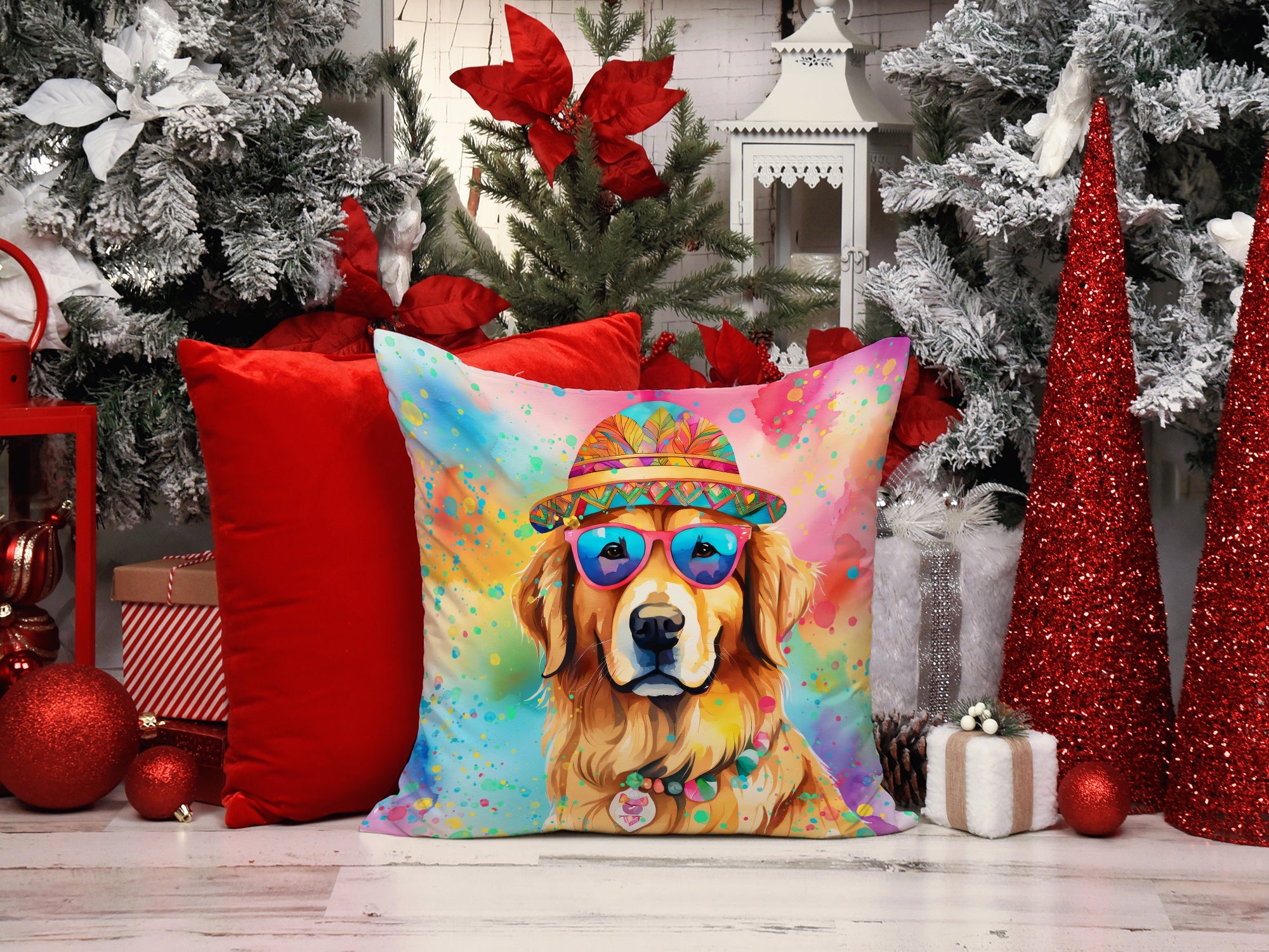 Golden Retriever Hippie Dawg Decorative Throw Pillow 18x18 Indoor Outdoor Accent Cushion, Fabric Cover with Insert for Sofa, Bed, Porch & Living Room