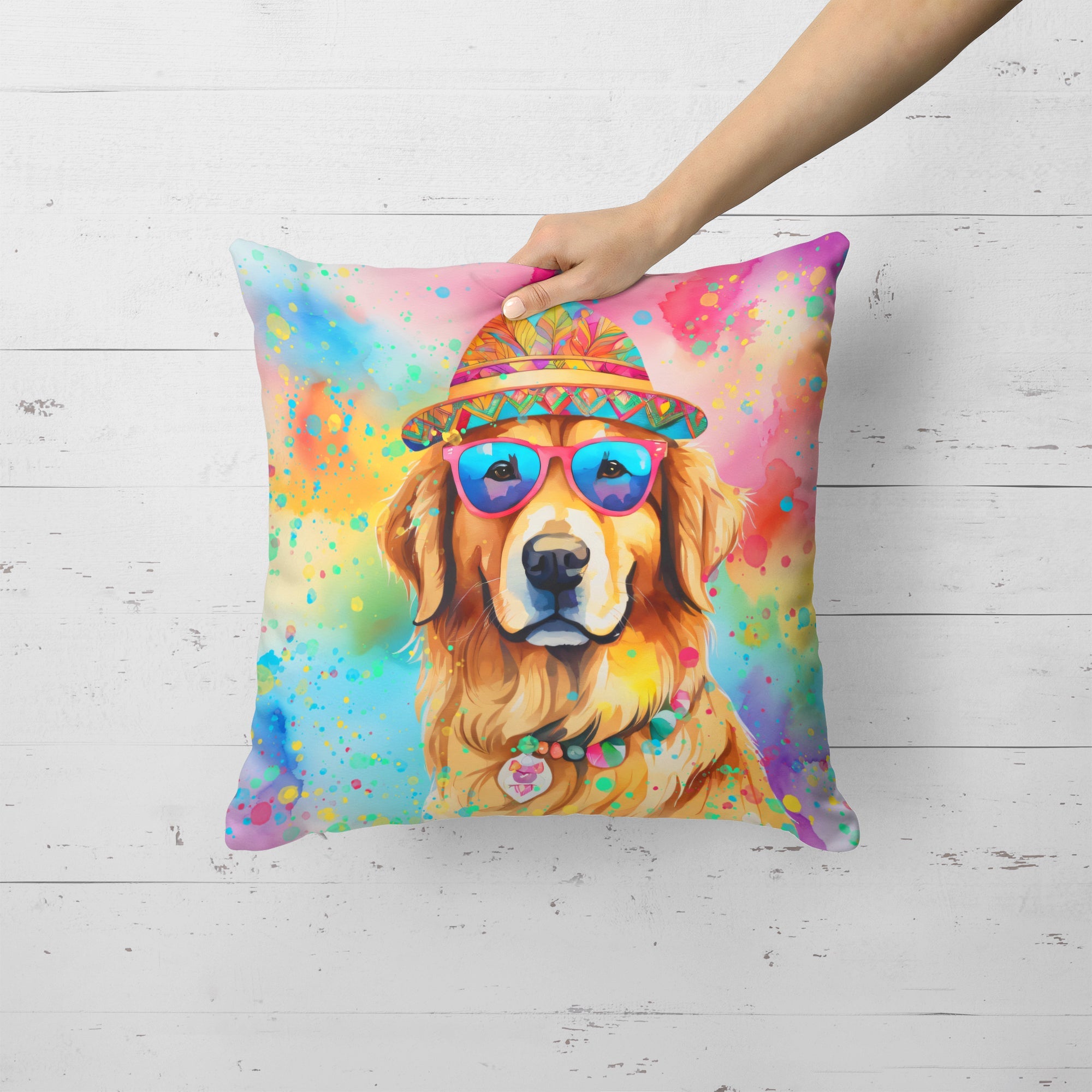 Golden Retriever Hippie Dawg Decorative Throw Pillow 18x18 Indoor Outdoor Accent Cushion, Fabric Cover with Insert for Sofa, Bed, Porch & Living Room