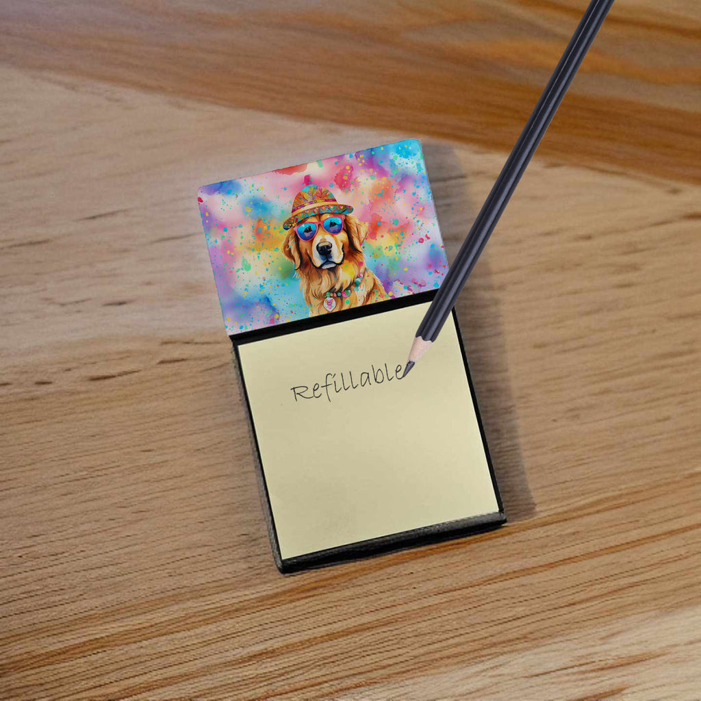 Golden Retriever Hippie Dawg Watercolor Sticky Note Holder Refillable Dispenser Desk Accessory 3x3 Pad Gift