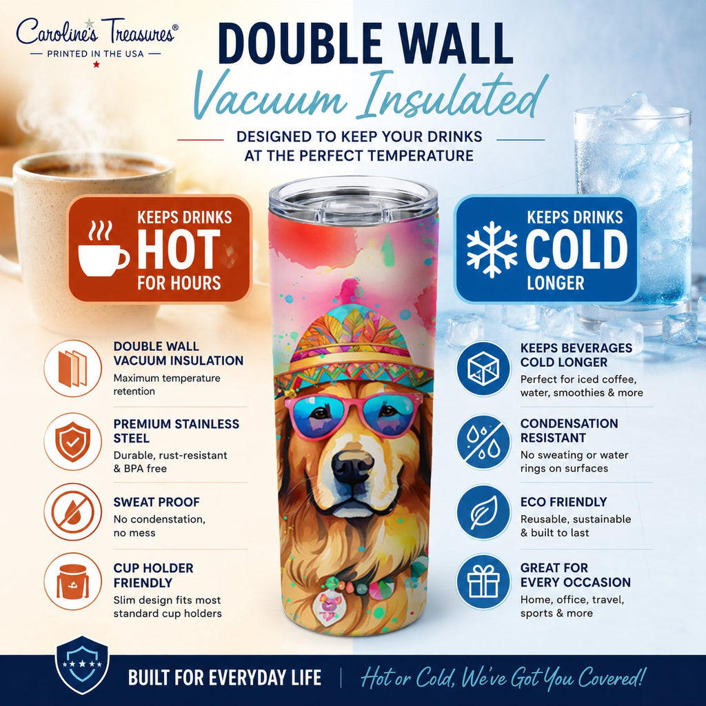 Golden Retriever Hippie Dawg Stainless Steel Skinny Tumbler 20 oz Vacuum Double Walled Reusable Insulated Travel Cup