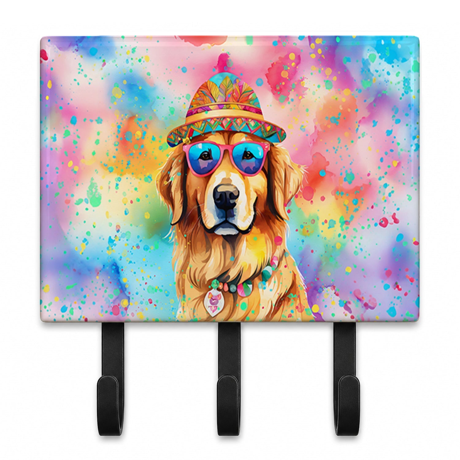 Golden Retriever Hippie Dawg Leash or Key Holder Wall Hooks, Coat Rack Wall Mount, for Hanging Keys, Towels, Aprons, Leashes