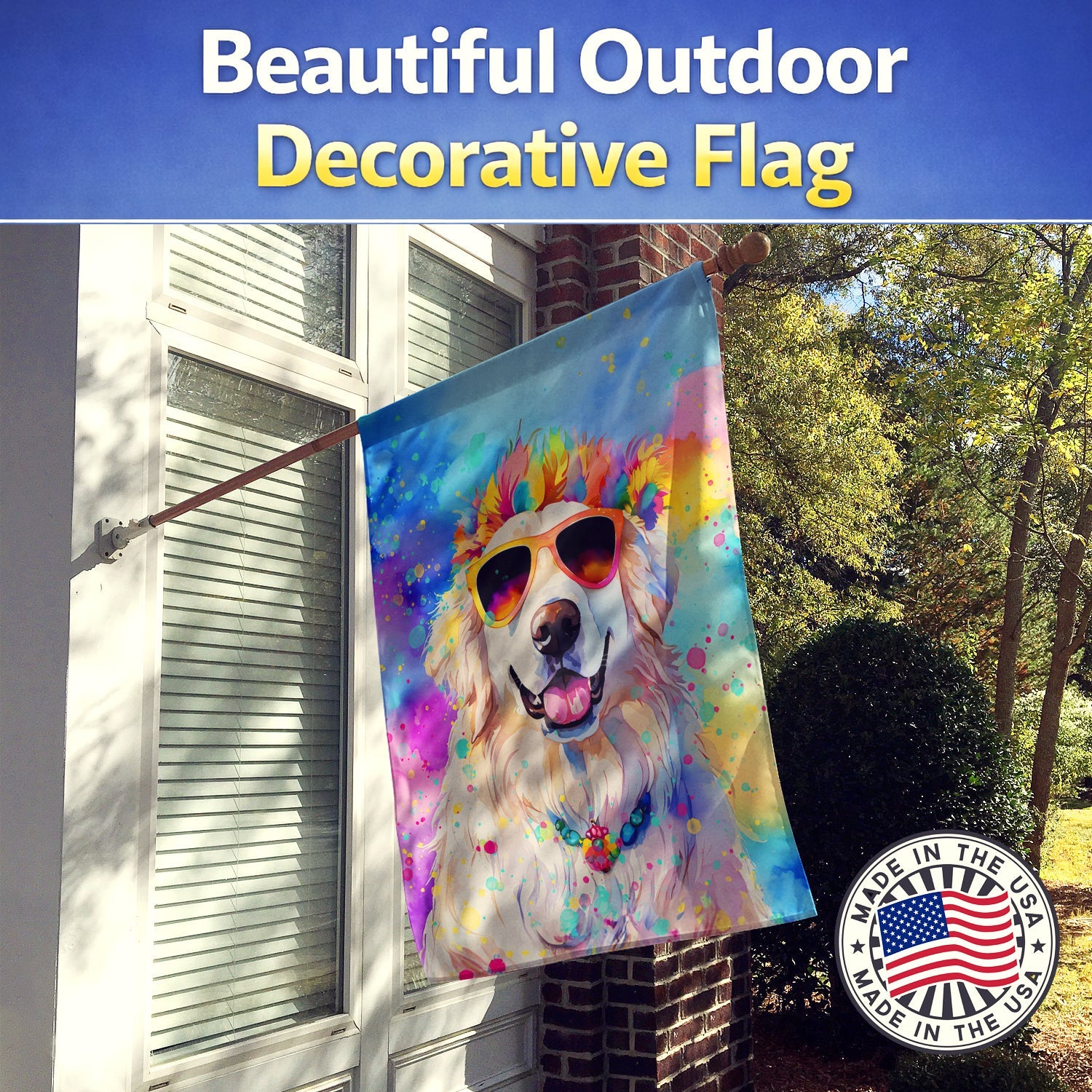 Great Pyrenees Hippie Dawg House Flag 28x40 Porch Sleeve Pole Decorative Outside Yard Banner Artwork Wall Hanging, Polyester