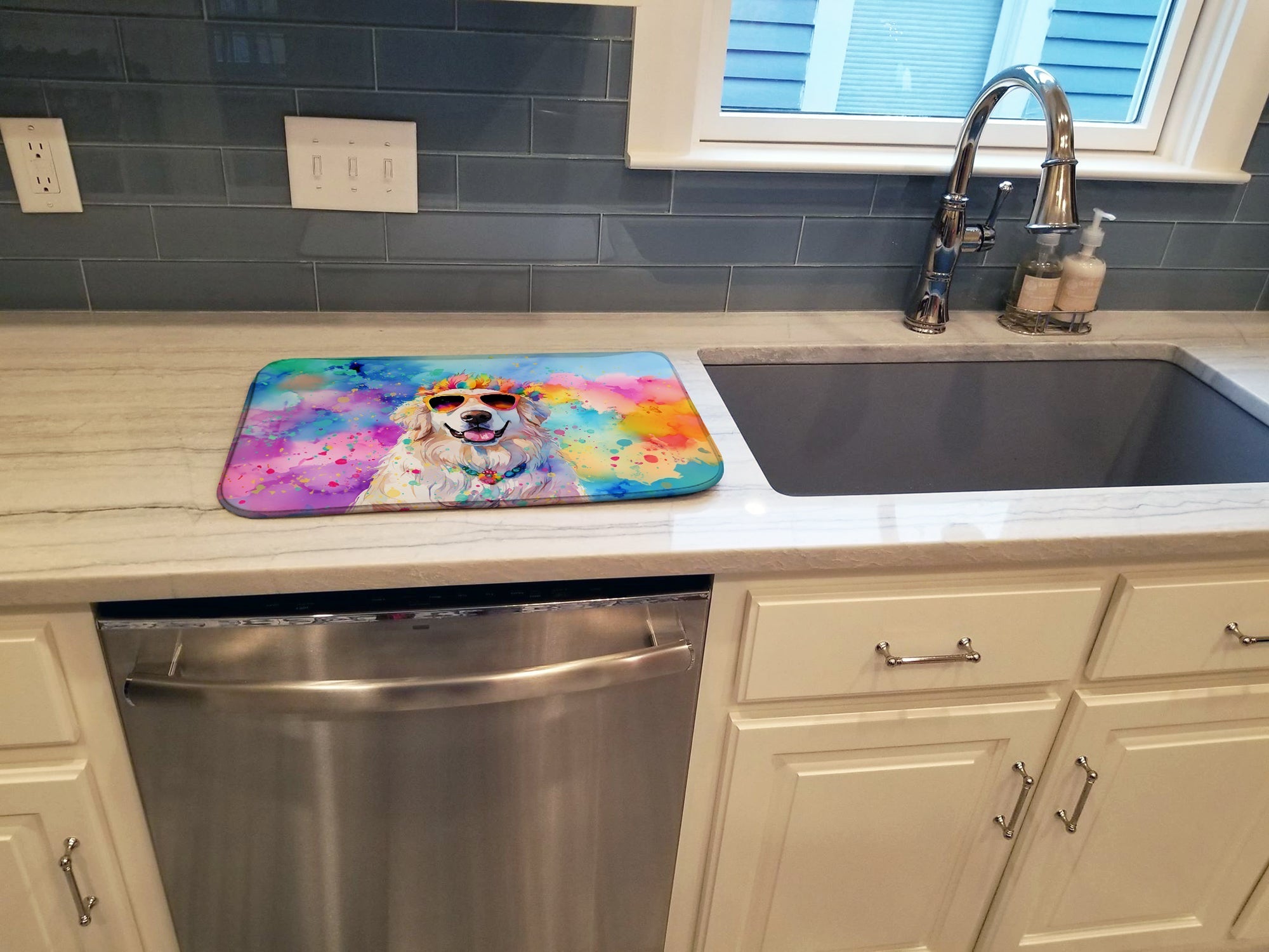 Great Pyrenees Hippie Dawg Dish Drying Mat Absorbent Dish Drying Mat Pad for Kitchen Counter Dish Drainer Mat for Countertop, 14 x 21", Multicolor