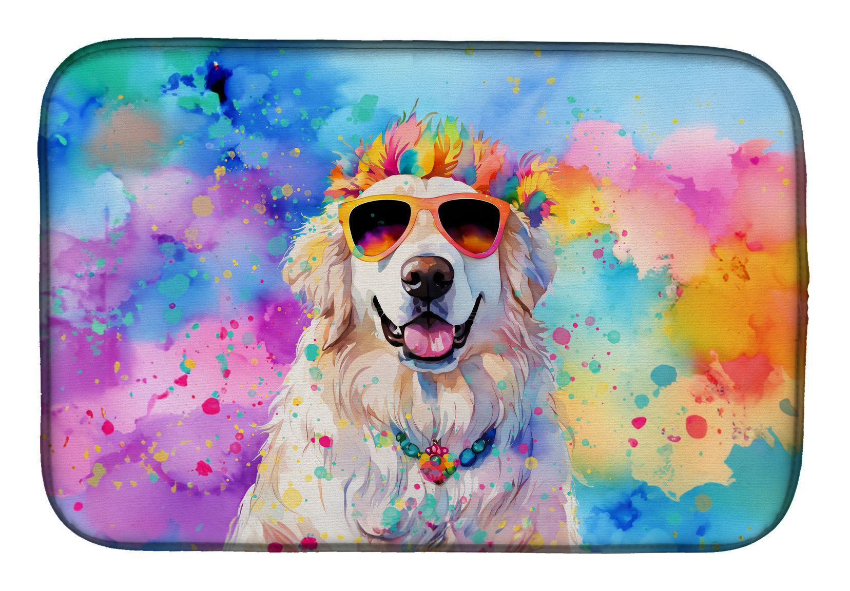 Great Pyrenees Hippie Dawg Dish Drying Mat Absorbent Dish Drying Mat Pad for Kitchen Counter Dish Drainer Mat for Countertop, 14 x 21", Multicolor