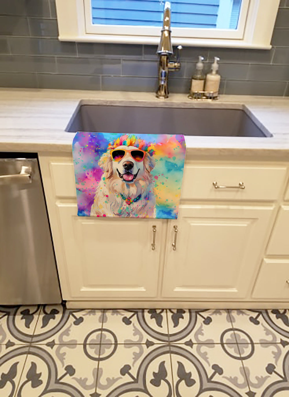 Great Pyrenees Hippie Dawg Kitchen Towel Velour Plush Front and Cotton Loop Back Machine Washable