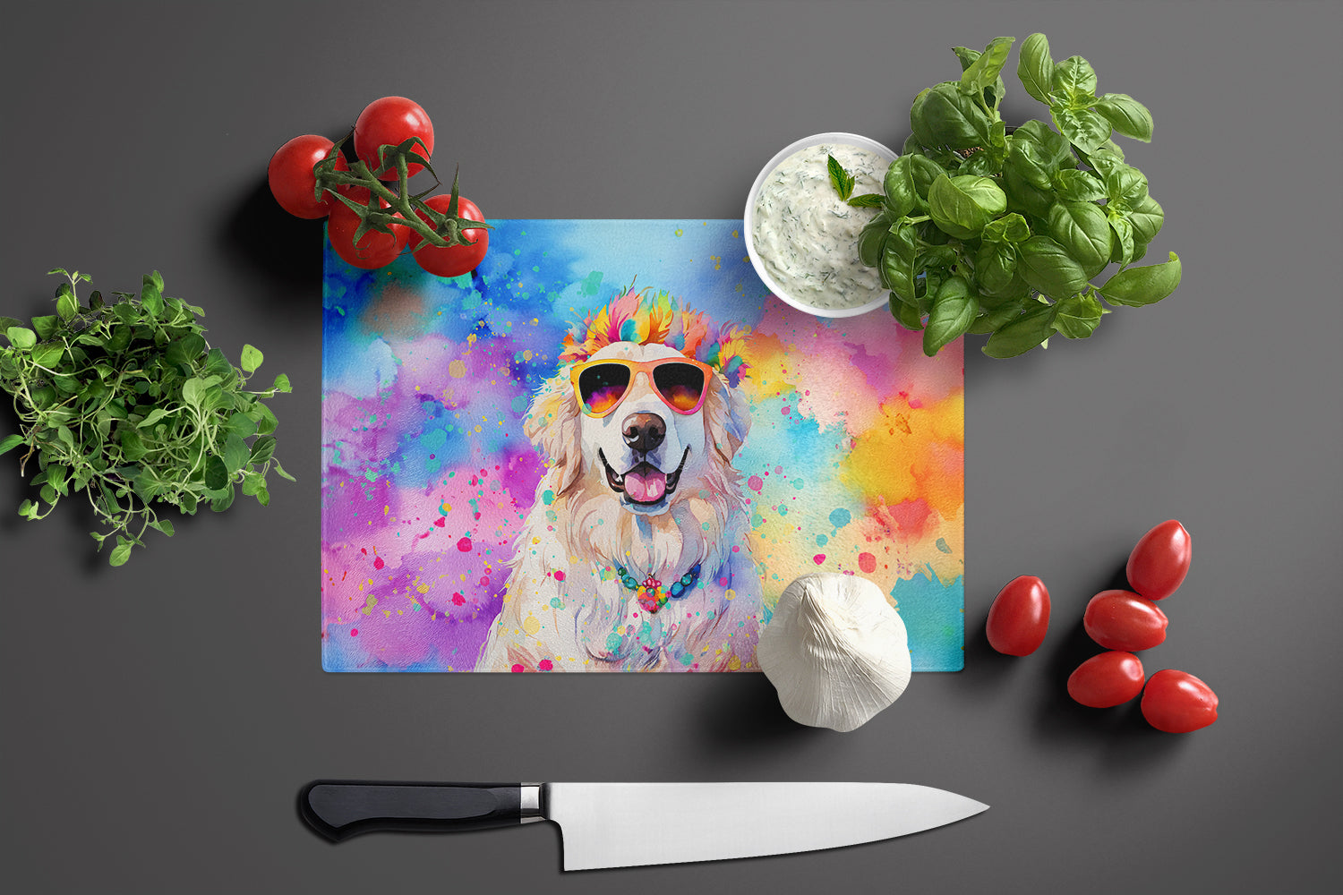 Great Pyrenees Hippie Dawg Cutting Board Tempered Glass Kitchen Cutting Surface, Heat Resistant Chopping, Non-Slip Feet, Food Prep & Serving