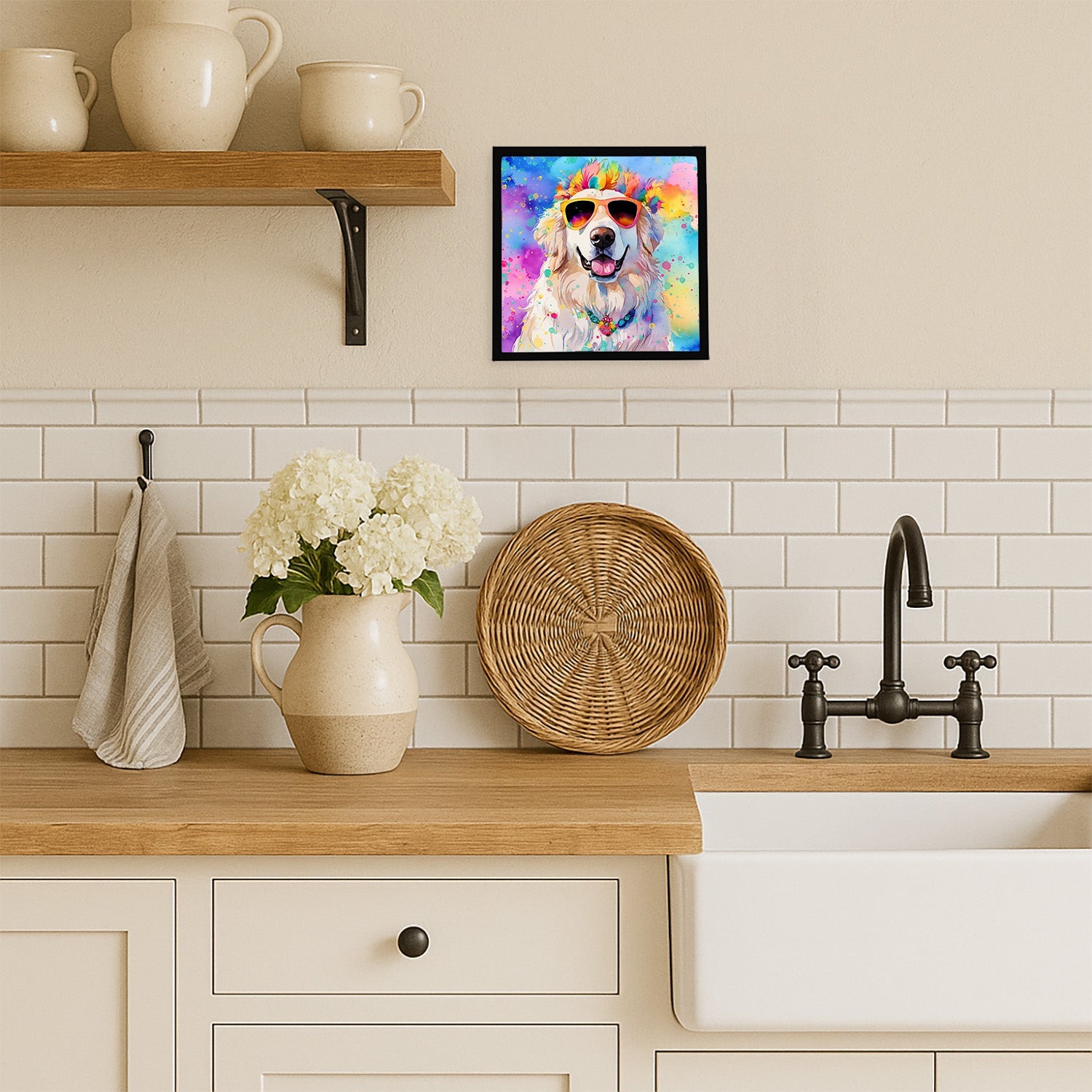 Great Pyrenees Hippie Dawg Framed Metal Print Bathroom, Kitchen, Office, Home Decor Wall Art Ready to Hang, Square, 8X8