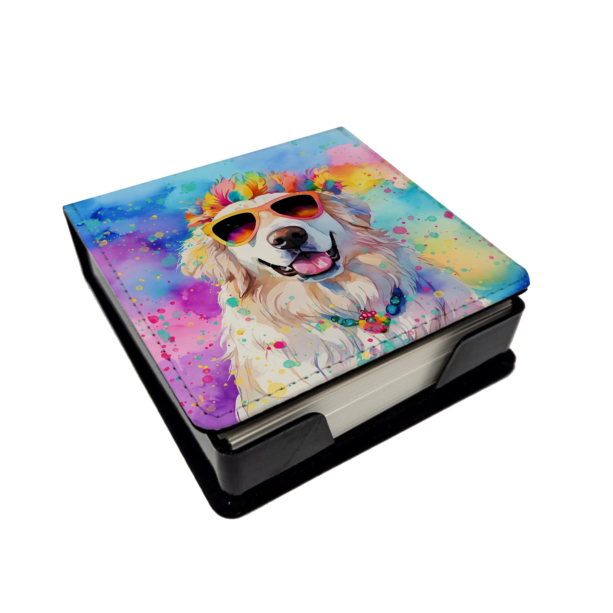 Great Pyrenees Hippie Dawg PU Leather Note Paper Holder with Artist-Designed Cover, Desk Accessory, Office Gift