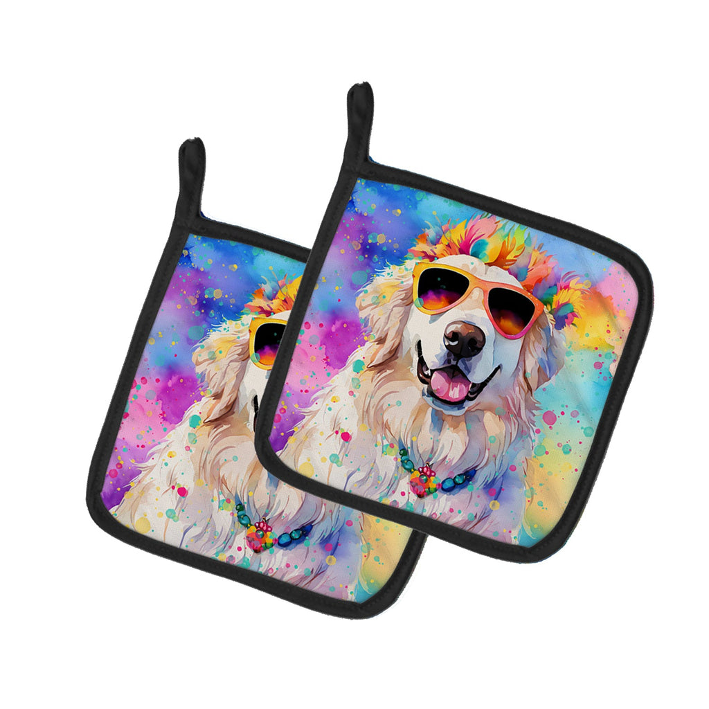 Great Pyrenees Hippie Dawg Pot Holder Set of 2 Heat Resistant Quilted Hot Pads 7.5 x 7.5 Inch, Insulated Kitchen Trivets for Cooking & Baking