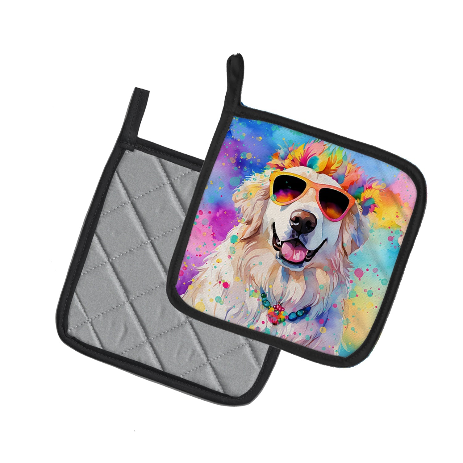Great Pyrenees Hippie Dawg Pot Holder Set of 2 Heat Resistant Quilted Hot Pads 7.5 x 7.5 Inch, Insulated Kitchen Trivets for Cooking & Baking