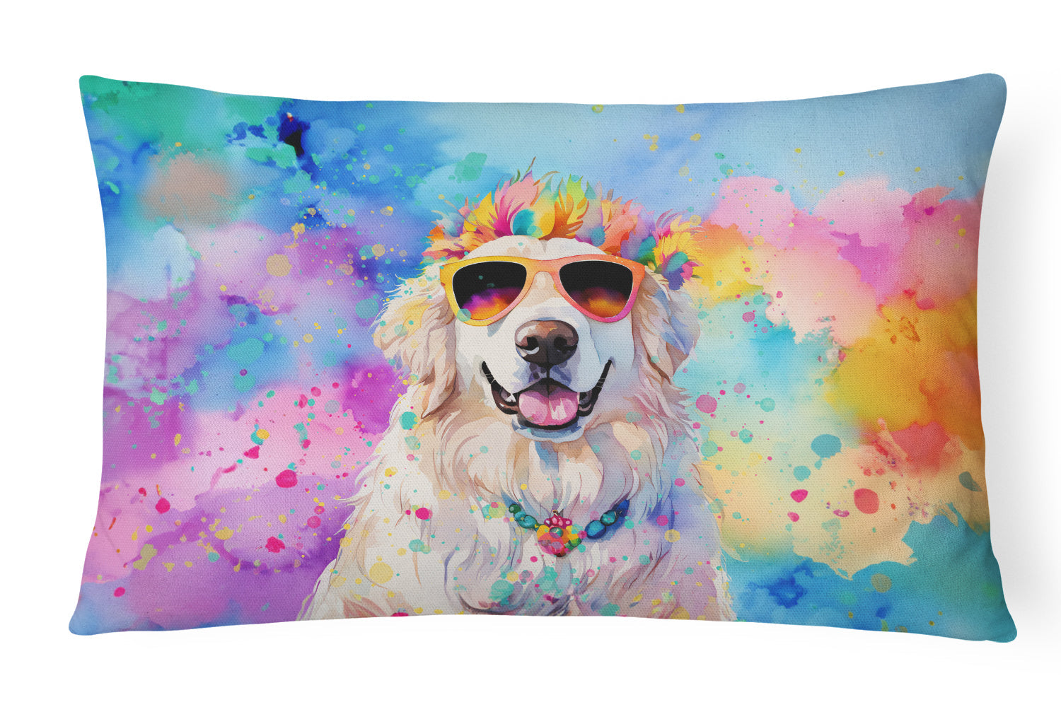 Great Pyrenees Hippie Dawg Decorative Throw Pillow 12x16 Indoor Outdoor Accent Cushion, Fabric Cover with Insert for Sofa, Bed, Porch & Living Room