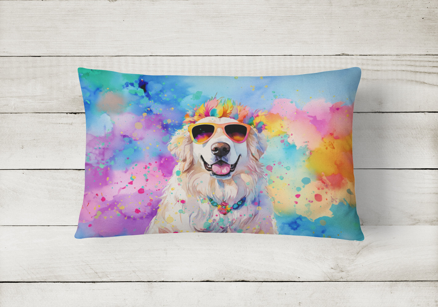 Great Pyrenees Hippie Dawg Decorative Throw Pillow 12x16 Indoor Outdoor Accent Cushion, Fabric Cover with Insert for Sofa, Bed, Porch & Living Room