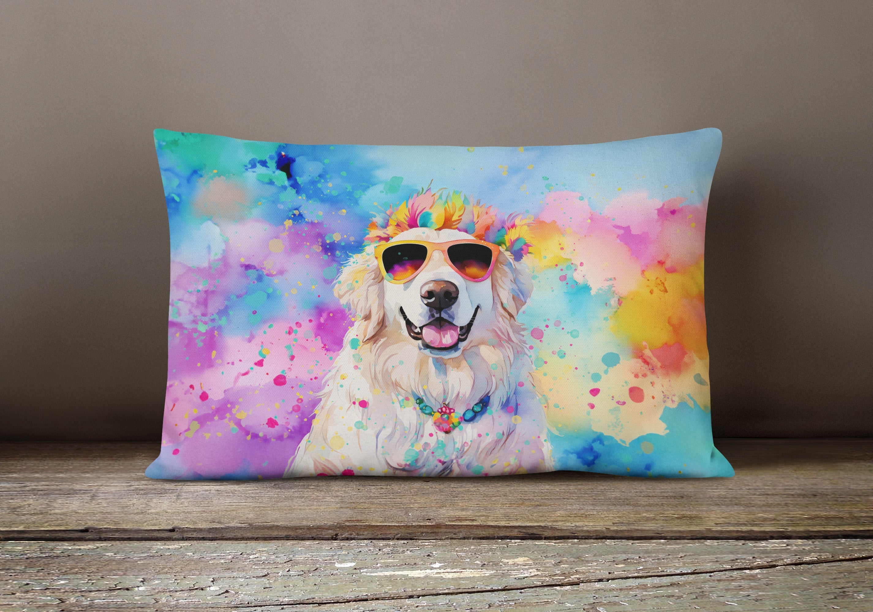 Great Pyrenees Hippie Dawg Decorative Throw Pillow 12x16 Indoor Outdoor Accent Cushion, Fabric Cover with Insert for Sofa, Bed, Porch & Living Room