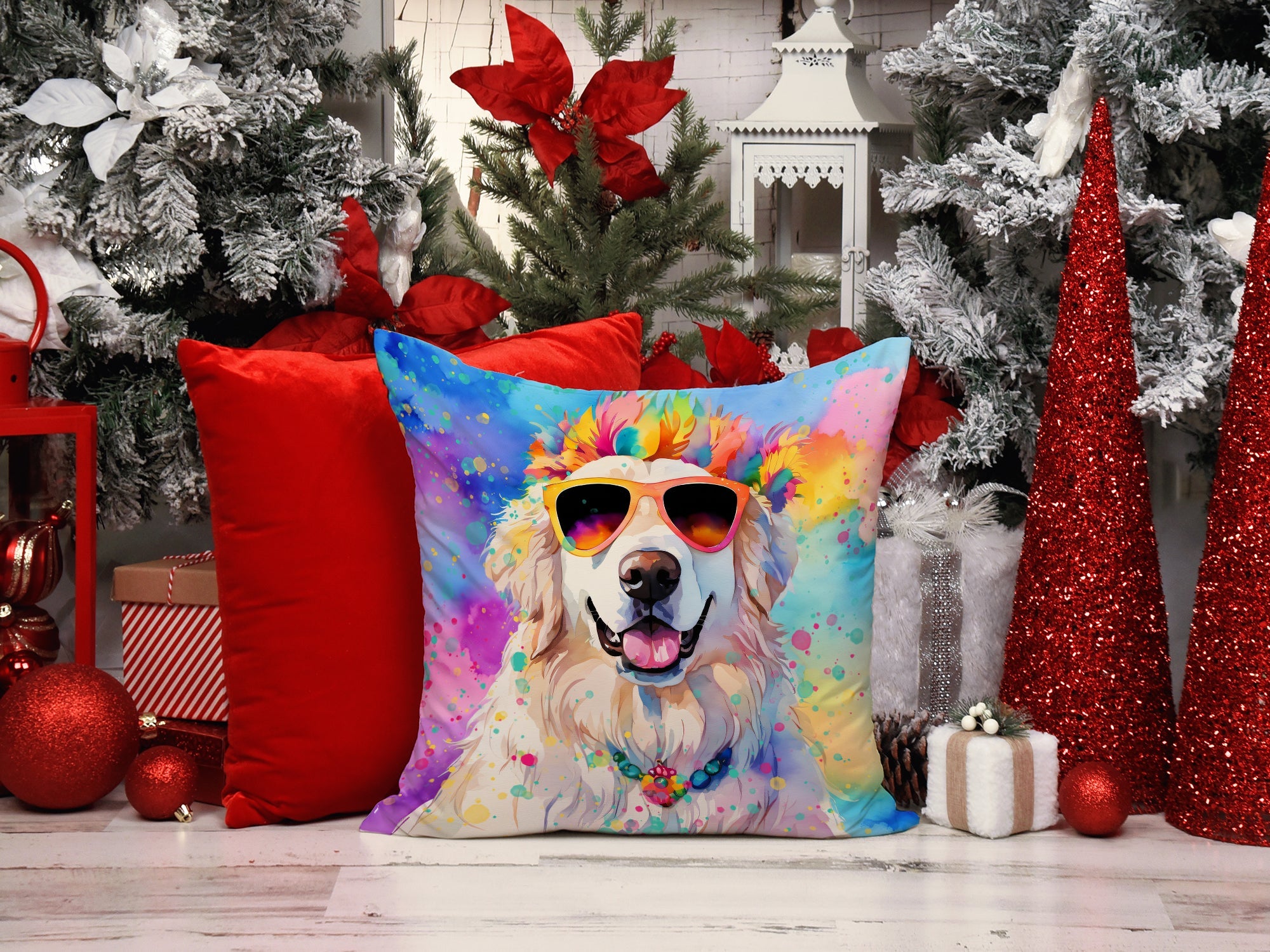Great Pyrenees Hippie Dawg Decorative Throw Pillow 14x14 Indoor Outdoor Accent Cushion, Fabric Cover with Insert for Sofa, Bed, Porch & Living Room