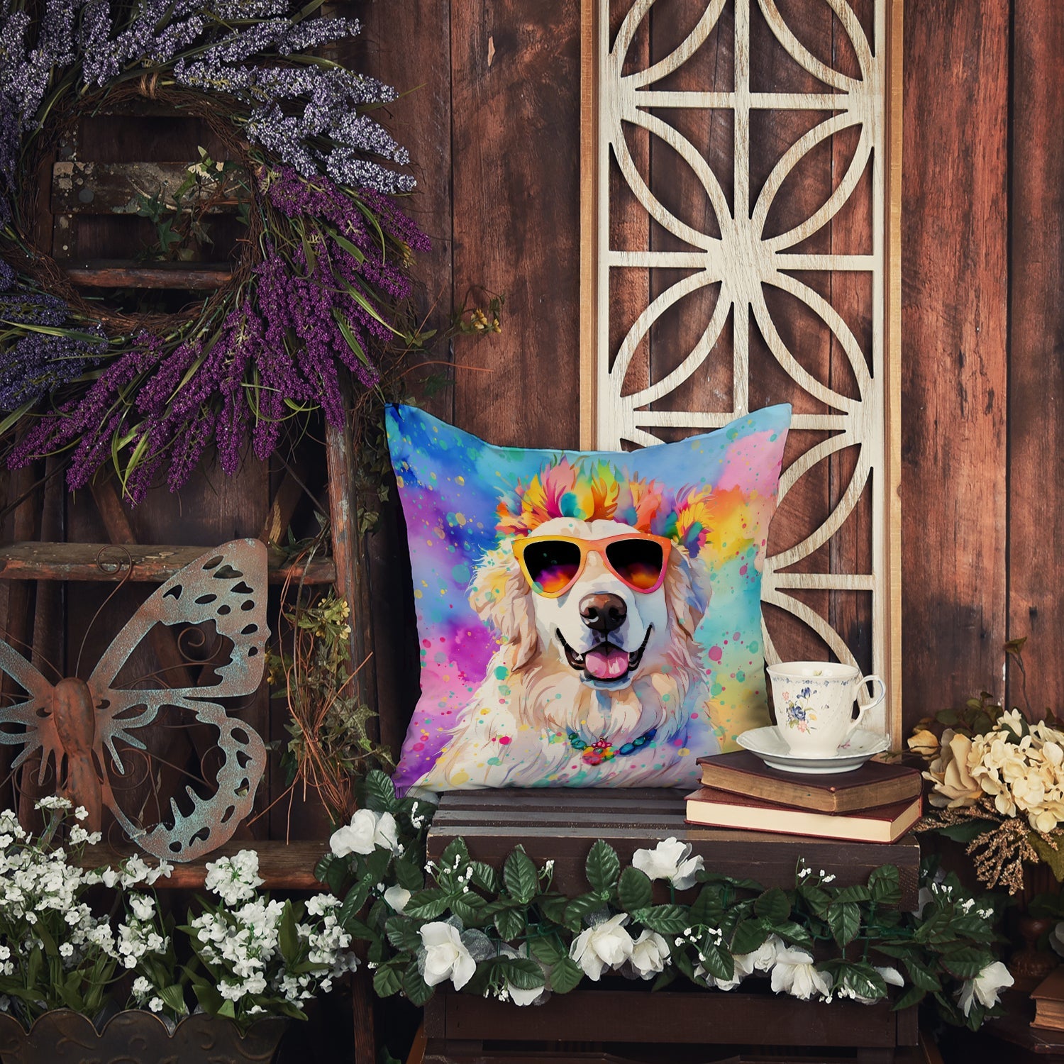 Great Pyrenees Hippie Dawg Decorative Throw Pillow 14x14 Indoor Outdoor Accent Cushion, Fabric Cover with Insert for Sofa, Bed, Porch & Living Room