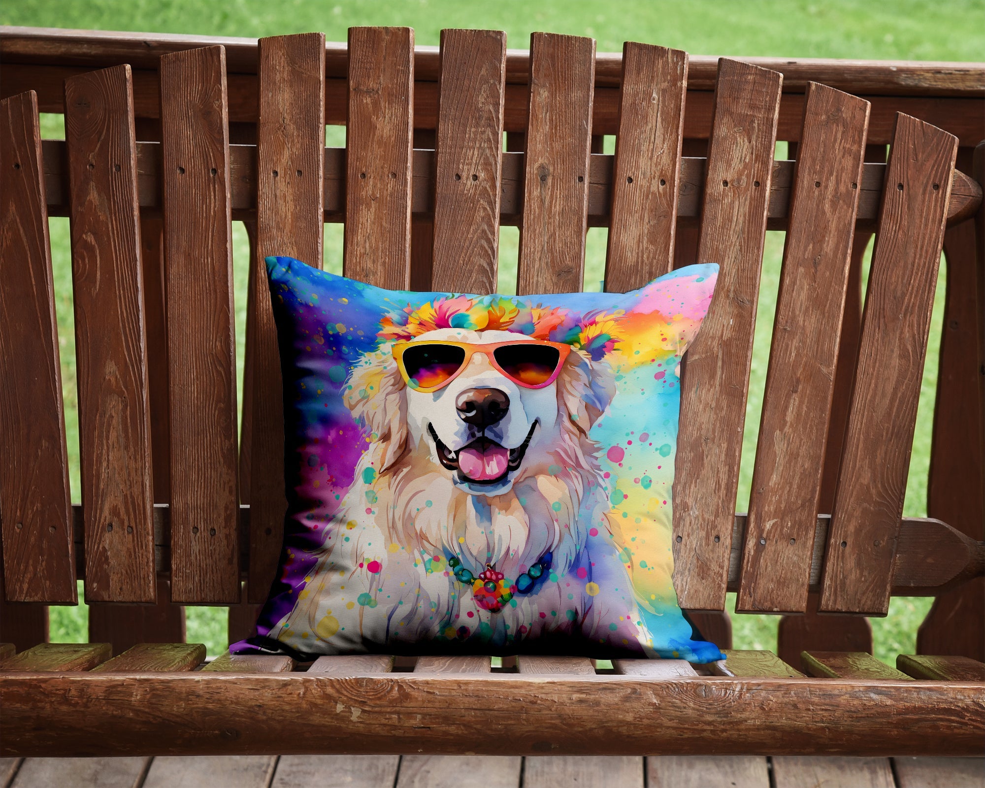Great Pyrenees Hippie Dawg Decorative Throw Pillow 14x14 Indoor Outdoor Accent Cushion, Fabric Cover with Insert for Sofa, Bed, Porch & Living Room