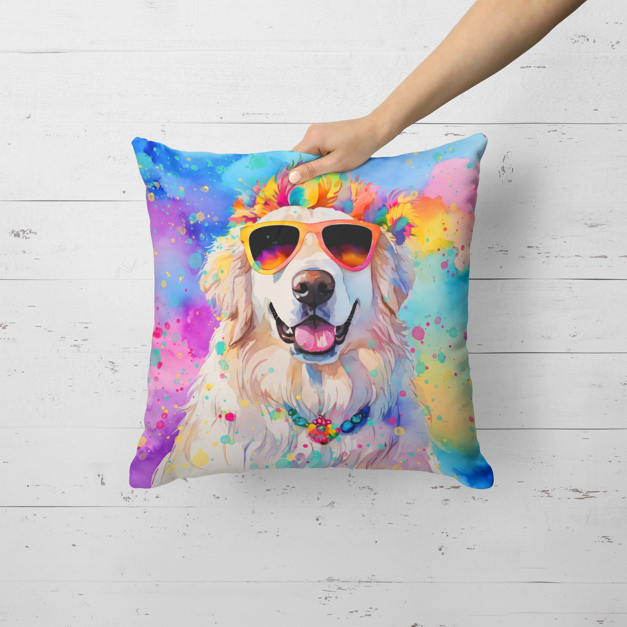 Great Pyrenees Hippie Dawg Decorative Throw Pillow 18x18 Indoor Outdoor Accent Cushion, Fabric Cover with Insert for Sofa, Bed, Porch & Living Room